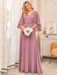 Elegant V Neck Flowy Chiffon Bridesmaid Dresses with Wraps - Purple Orchid