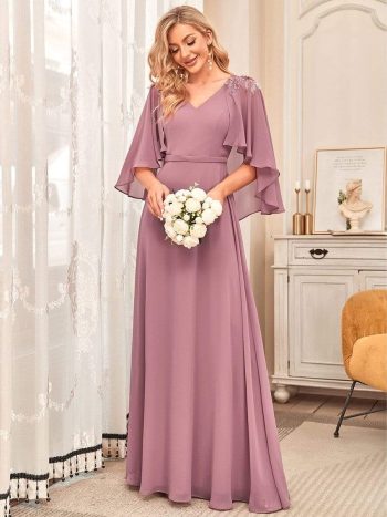 Elegant V Neck Flowy Chiffon Bridesmaid Dresses with Wraps - Purple Orchid