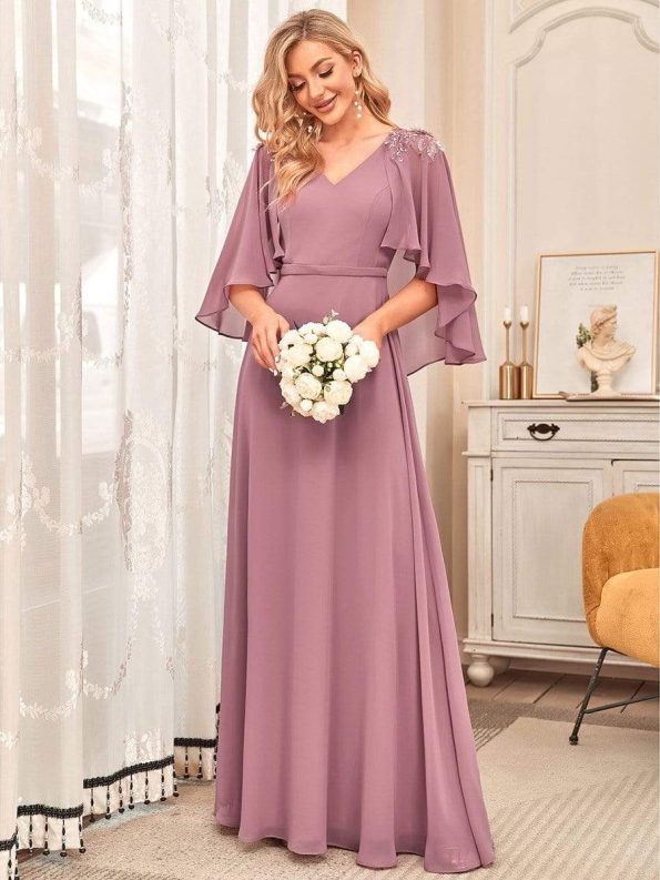 Elegant V Neck Flowy Chiffon Bridesmaid Dresses with Wraps - Purple Orchid