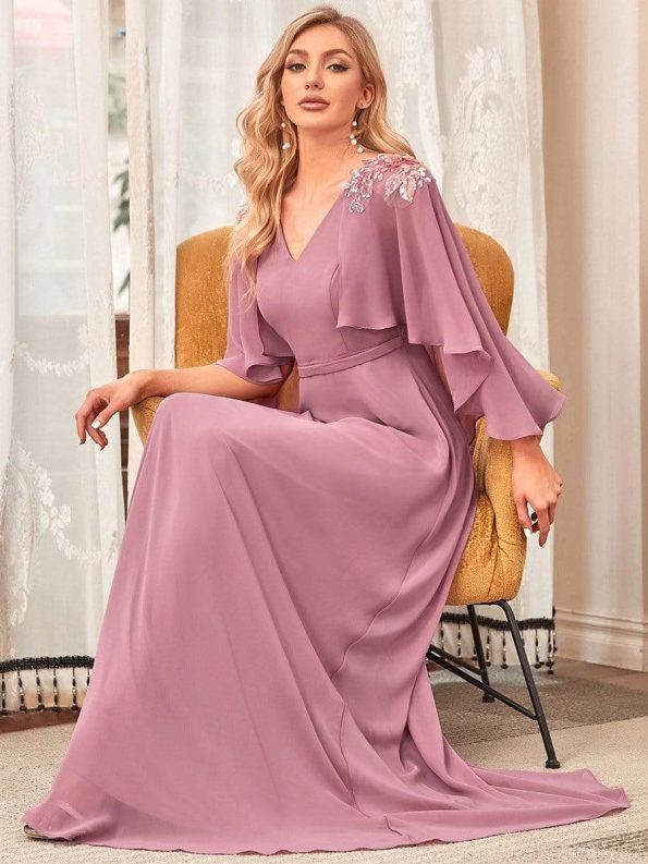 Elegant V Neck Flowy Chiffon Bridesmaid Dresses with Wraps - Purple Orchid