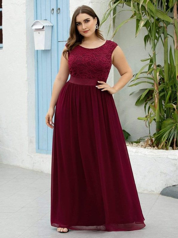 Classic Round Neck V Back Lace Bodice Bridesmaid Dress - Burgundy