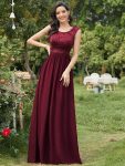 Classic Round Neck V Back Lace Bodice Bridesmaid Dress – Burgundy