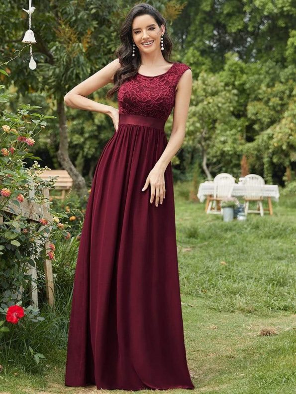 Classic Round Neck V Back Lace Bodice Bridesmaid Dress - Burgundy