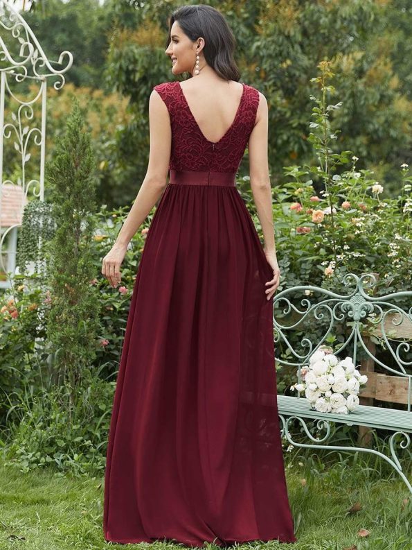 Classic Round Neck V Back Lace Bodice Bridesmaid Dress - Burgundy