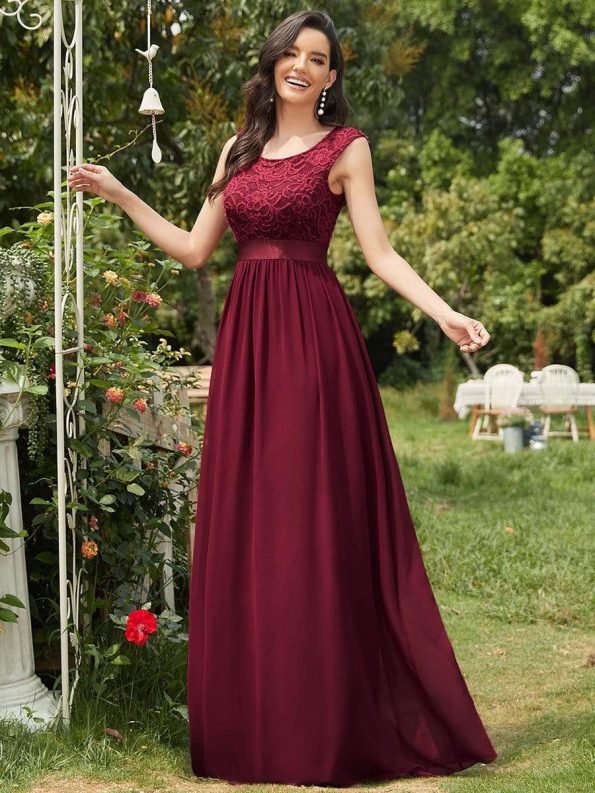 Classic Round Neck V Back Lace Bodice Bridesmaid Dress - Burgundy