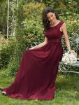 Classic Round Neck V Back Lace Bodice Bridesmaid Dress – Burgundy