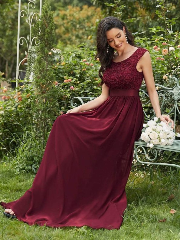 Classic Round Neck V Back Lace Bodice Bridesmaid Dress - Burgundy