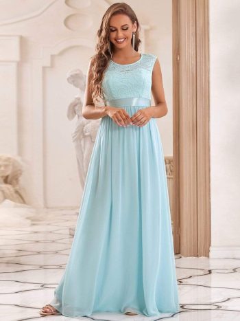 Classic Round Neck V Back Lace Bodice Bridesmaid Dress - Sky Blue