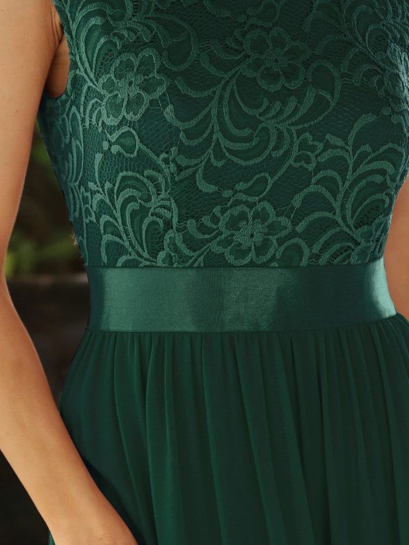 Classic Round Neck Backless Lace Bodice Bridesmaid Dress - Dark Green