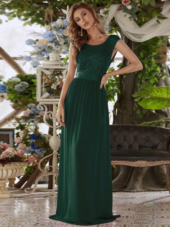 Classic Round Neck Backless Lace Bodice Bridesmaid Dress - Dark Green