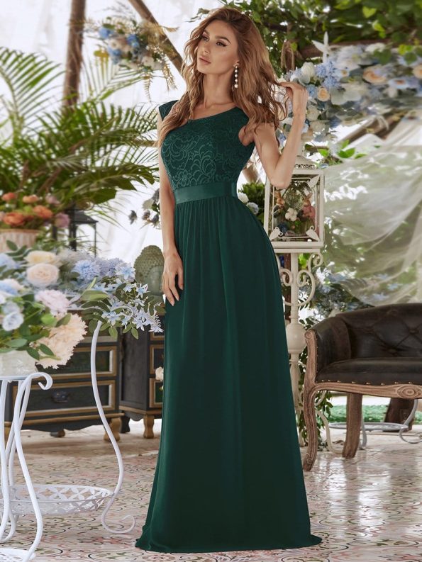 Classic Round Neck Backless Lace Bodice Bridesmaid Dress - Dark Green