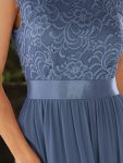 Classic Round Neck Backless Lace Bodice Bridesmaid Dress – Dusty Navy