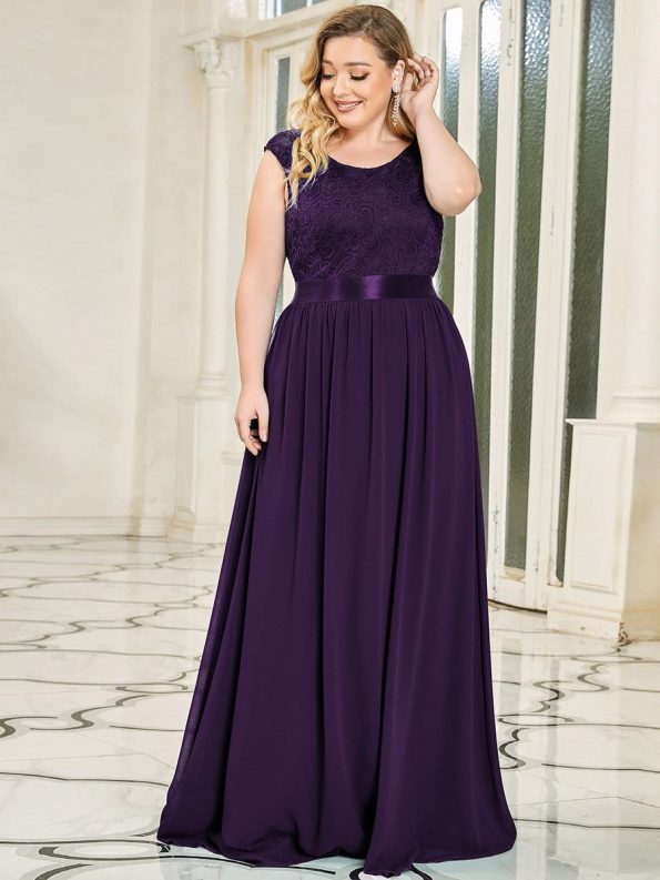 Classic Round Neck Backless Lace Bodice Bridesmaid Dress - Dark Purple