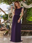 Classic Round Neck Backless Lace Bodice Bridesmaid Dress – Dark Purple