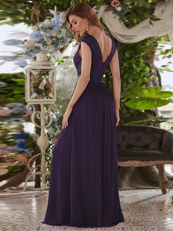 Classic Round Neck Backless Lace Bodice Bridesmaid Dress - Dark Purple