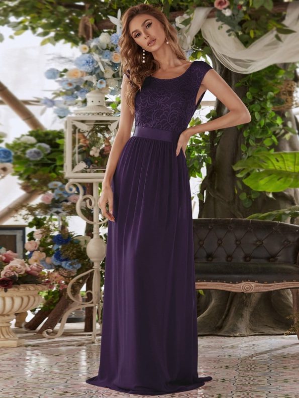 Classic Round Neck Backless Lace Bodice Bridesmaid Dress - Dark Purple