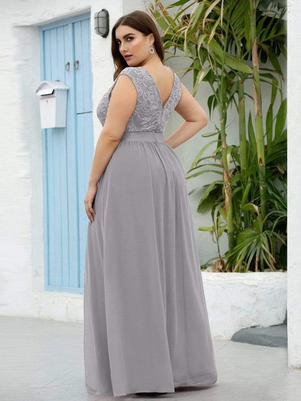 Classic Round Neck V Back Lace Bodice Bridesmaid Dress - Grey