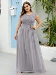 Classic Round Neck V Back Lace Bodice Bridesmaid Dress – Grey