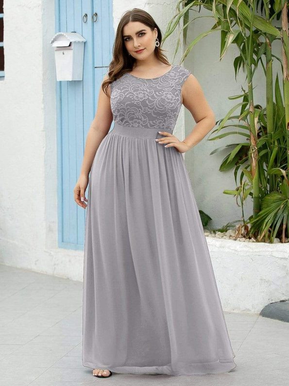 Classic Round Neck V Back Lace Bodice Bridesmaid Dress - Grey