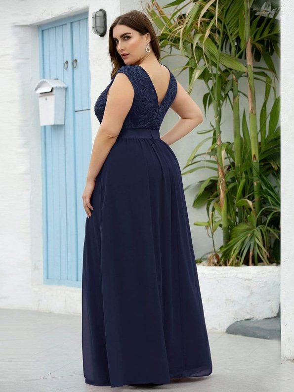 Classic Round Neck V Back Lace Bodice Bridesmaid Dress - Navy Blue