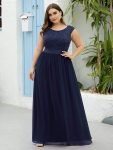 Classic Round Neck V Back Lace Bodice Bridesmaid Dress – Navy Blue