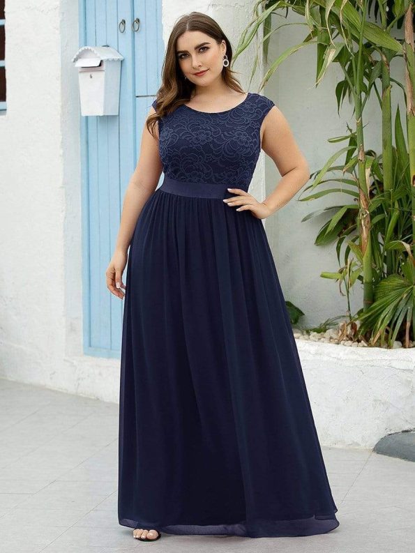 Classic Round Neck V Back Lace Bodice Bridesmaid Dress - Navy Blue