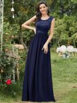 Classic Round Neck V Back Lace Bodice Bridesmaid Dress – Navy Blue