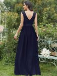 Classic Round Neck V Back Lace Bodice Bridesmaid Dress – Navy Blue