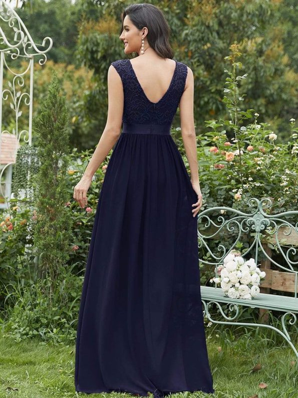 Classic Round Neck V Back Lace Bodice Bridesmaid Dress - Navy Blue