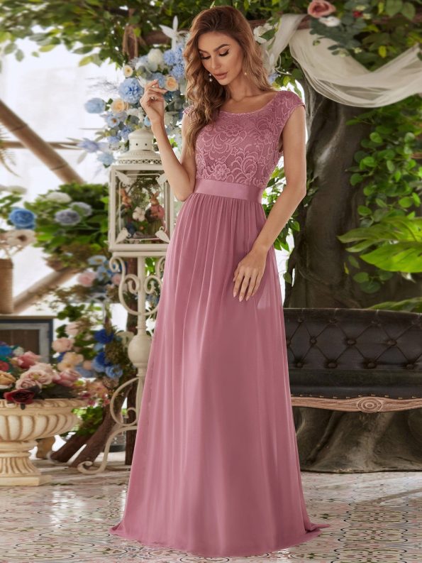 Classic Round Neck V Back Lace Bodice Bridesmaid Dress - Purple Orchid