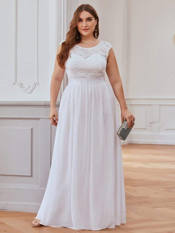 Classic Round Neck V Back Lace Bodice Bridesmaid Dress - White