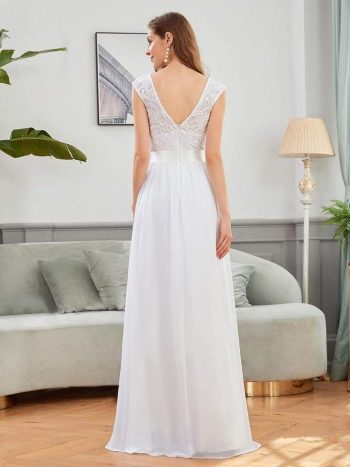 Classic Round Neck V Back Lace Bodice Bridesmaid Dress - White