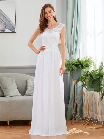 Classic Round Neck V Back Lace Bodice Bridesmaid Dress - White