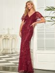 Gorgeous V Neck Leaf-Sequined Fishtail Party Dress – Burgundy