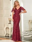 Gorgeous V Neck Leaf-Sequined Fishtail Party Dress – Burgundy