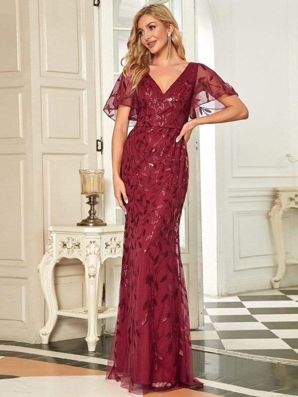 Gorgeous V Neck Leaf-Sequined Fishtail Party Dress - Burgundy