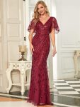 Gorgeous V Neck Leaf-Sequined Fishtail Party Dress – Burgundy