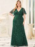 Fashion Plus Size V Neck Mermaid Sequin & Tulle Evening Dress – Dark Green