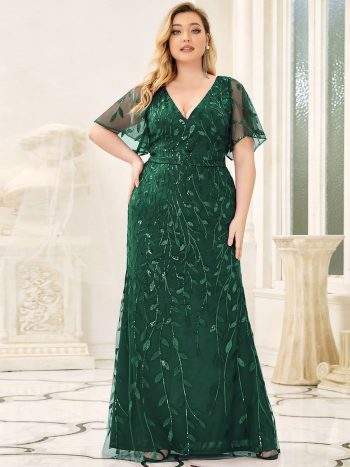 Fashion Plus Size V Neck Mermaid Sequin & Tulle Evening Dress - Dark Green