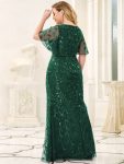 Fashion Plus Size V Neck Mermaid Sequin & Tulle Evening Dress – Dark Green