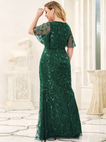 Fashion Plus Size V Neck Mermaid Sequin & Tulle Evening Dress - Dark Green