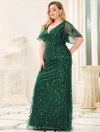 Fashion Plus Size V Neck Mermaid Sequin & Tulle Evening Dress – Dark Green