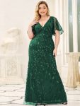 Fashion Plus Size V Neck Mermaid Sequin & Tulle Evening Dress – Dark Green