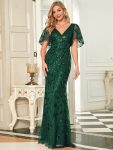 Gorgeous V Neck Leaf-Sequined Fishtail Party Dress - Dark Green