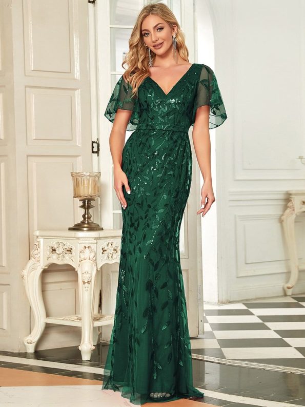 Gorgeous V Neck Leaf-Sequined Fishtail Party Dress - Dark Green