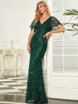 Gorgeous V Neck Leaf-Sequined Fishtail Party Dress – Dark Green