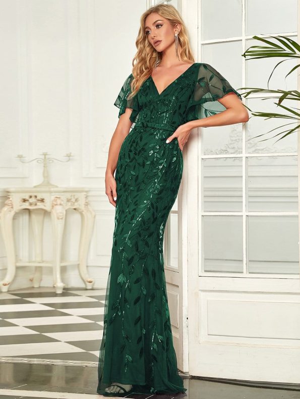 Gorgeous V Neck Leaf-Sequined Fishtail Party Dress - Dark Green