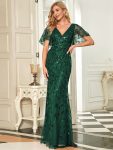 Gorgeous V Neck Leaf-Sequined Fishtail Party Dress – Dark Green