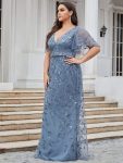 Fashion Plus Size V Neck Mermaid Sequin & Tulle Evening Dress – Dusty Navy