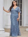 Fashion Plus Size V Neck Mermaid Sequin & Tulle Evening Dress – Dusty Navy